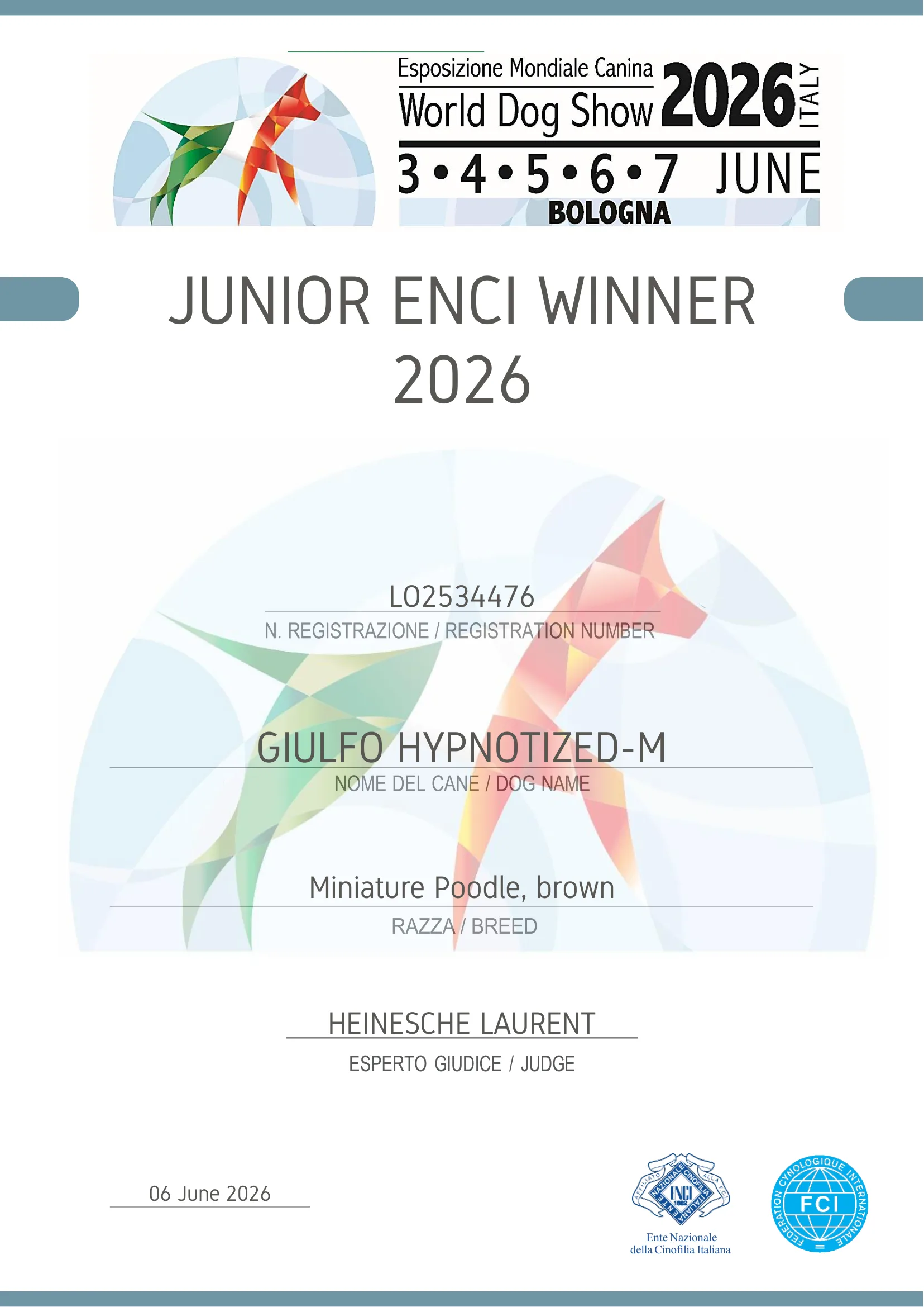 Giulfo Hypnotized Junior ENCI Winner 2026 certificate, World Dog Show Bologna